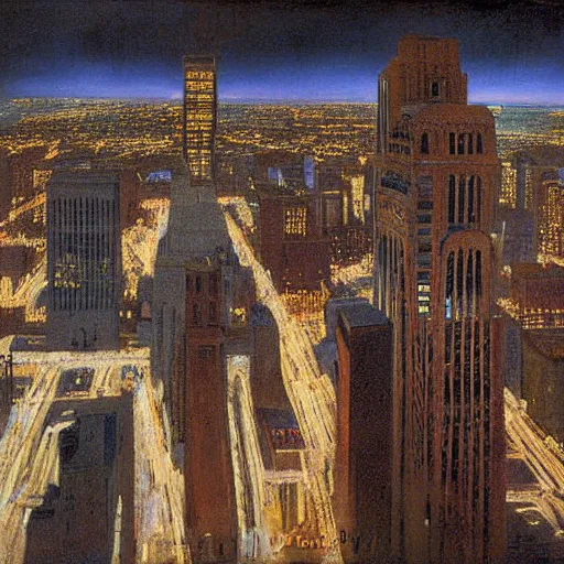 Image similar to photorealistc full - color painting of a nightmarish boston downtown skyline in 1 9 2 5 at night with a horrifying sky, aerial view, dark, brooding, night, atmospheric, horror, cosmic, ultra - realistic, smooth, highly detailed by dave dorman