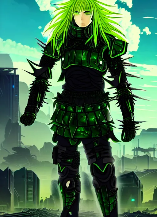 Image similar to a detailed anime full body portrait of a male warrior with long blonde hair and blue eyes wearing evil green spiked cyberpunk armour and standing in the desolate burning ruins of a futuristic city by hirohiko araki and beeple, fine details, digital art, character concept art