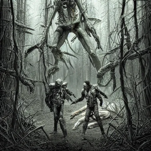 Image similar to sci - fi monster hunters, walking in a flesh and bones forest, hyperdetailed, art makoto kobayashi