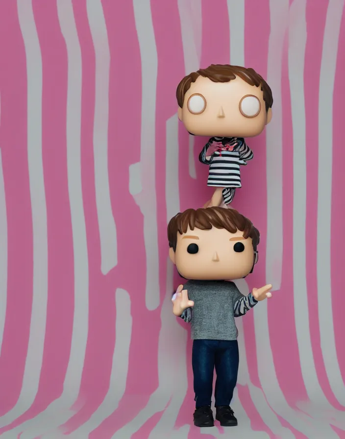 Image similar to singular human in the shape of a Funko Pop posing for a portrait, studio lighting, pink striped wallpaper backdrop, 8k