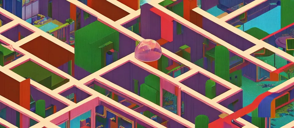 Image similar to huge gargantuan angular dimension of the backrooms indoor 7 0 s moquette scenario. surrealism, mallsoft, vaporwave, trending on artstation, shot from above, axonometric camera perspectic, epic scale by escher