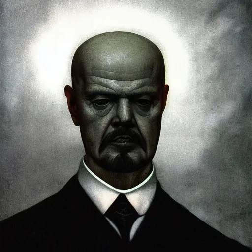 Image similar to portrait of Vladimir Lenin ghost by Zdzisław Beksiński, irwin penn, Giorgio de Chirico, realistic, digital art, dark, moody, gloomy