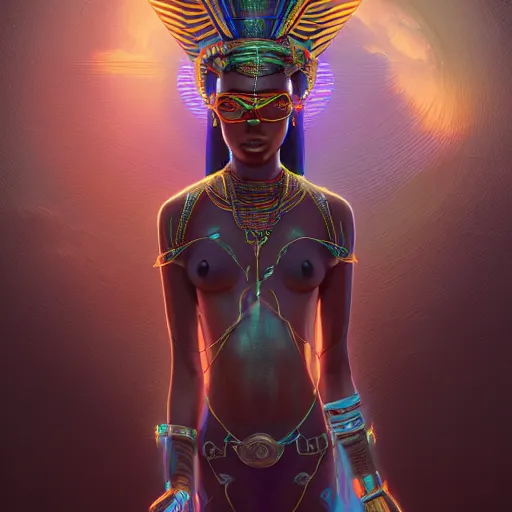 Image similar to highly detailed portrait of an african neon egyptian goddess, intricate alien technology, stephen bliss, unreal engine, fantasy art by greg rutkowski, loish, rhads, ferdinand knab, makoto shinkai and lois van baarle, ilya kuvshinov, rossdraws, tom bagshaw, global illumination, radiant light, detailed and intricate environment