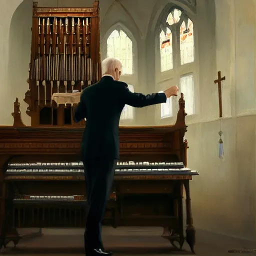 Image similar to masterpiece oil painting of Joe Biden playing the pipe organ at a church, by Greg Rutkowski, trending on artstation
