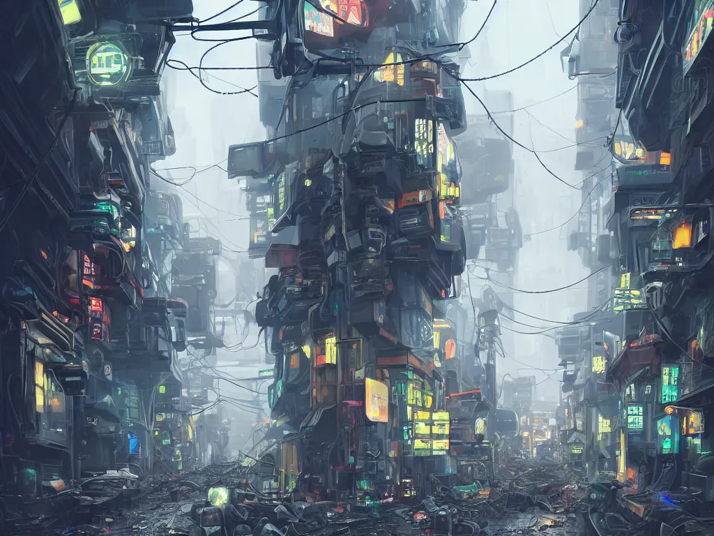 Prompt: futuristic dieselpunk narrow street, cable stone ground. lots hanging cables, tiny wires on the ground. garbage on the ground. rain. fog, haze, evening. led screens. neon signs. very sharp. cables on the ground. very messy. futuristic. photorealistic. artstation. anime. studio gimbli style. golden rate.