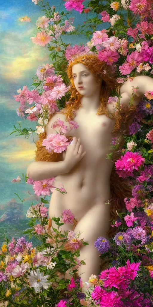 Image similar to high definition, digital, hyperreal, 2 k, tilt - shift, aphrodite, goddess of love, surrounded by flowers, in the style of a painting