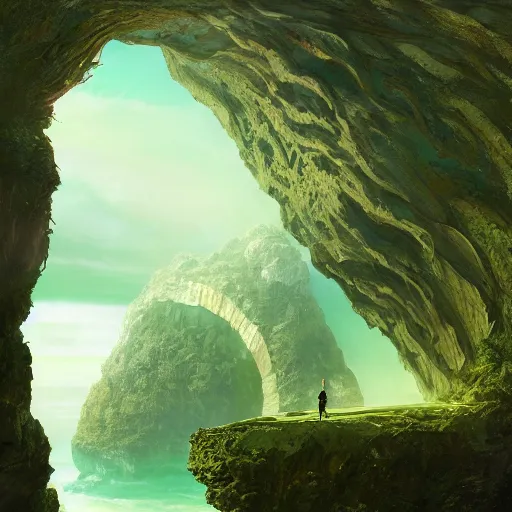 Image similar to a scary glowing green scifi portal to another world in darwin's arch, ocean and rock landscape, science fiction, intricate, elegant, highly detailed, digital painting, artstation, concept art, matte, sharp focus, illustration, art by hayao miyazaki and hideo kojima