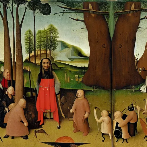 Prompt: standing bear in the foreground, forest in the background, hieronymus bosch