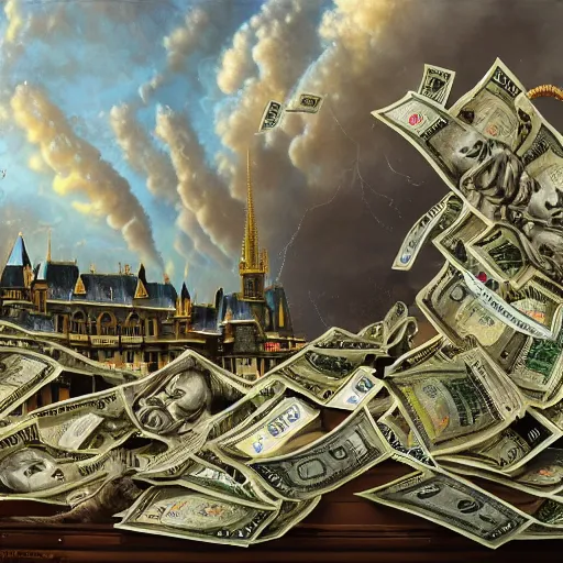 Image similar to huge tornado made of dollar bills, heavy winds carrying dollars in the air, dark clouds of cash in the background, Realistic, Regal, Refined, Detailed Digital Art, Michael Cheval, Walt Disney (1937), François Boucher, Oil Painting, Steampunk, Highly Detailed, Cinematic Lighting, Unreal Engine, 8k