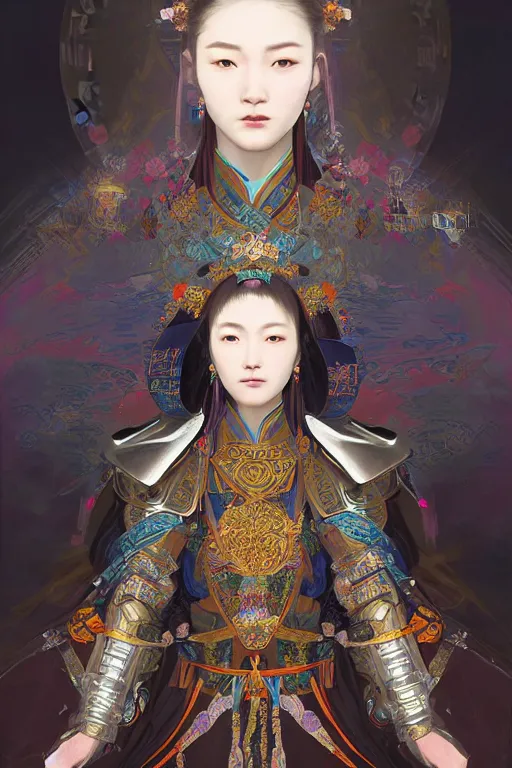 Image similar to beautiful and divine and holy and elite and colorlpunk young three kingdom chinese female armor knight portrait +shinnyy eyes+front face with light flowing hair, ultradetail face, art and illustration by tian zi and craig mullins and WLOP and alphonse mucha, fantasy, intricate complexity, human structure, human anatomy, fantasy character concept, watermark, blurry, hyperrealism 8k