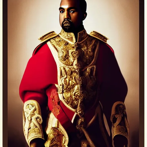 Image similar to Portrait of Kanye West as emperor napoleon, amazing splashscreen artwork, splash art, head slightly tilted, natural light, elegant, intricate, fantasy, atmospheric lighting, cinematic, photo realistic