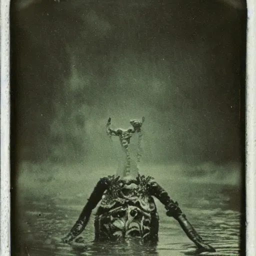 Image similar to creepy lovecraftian monster in swamp, 1 9 1 0 polaroid photo