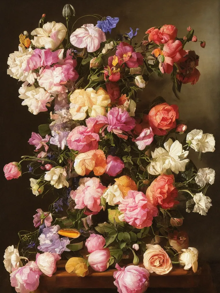 Image similar to highly detailed, hyper realistic, still life with flowers, Dutch painting, old masters, iris, lillies, leaves, roses, peonies, marigold, roses, cherry blossoms, apple blossoms, in the style of Rachel Ruysch