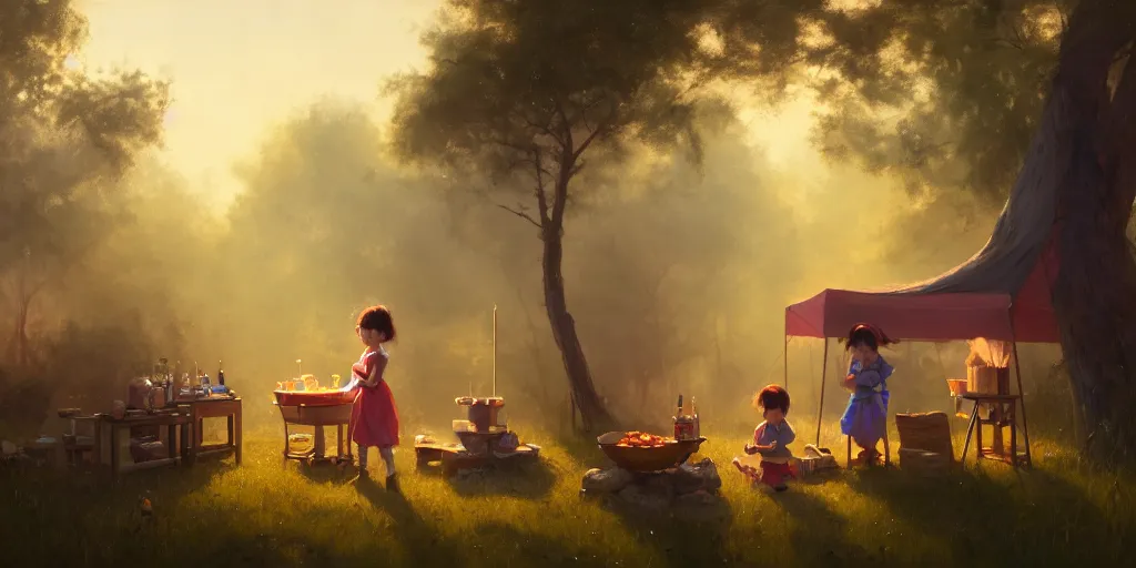 Image similar to big - eyed brunette sweet little girl looking sad in front of barbecue near tent at camp, extremely detailed digital painting, in the style of fenghua zhong and ruan jia and jeremy lipking and peter mohrbacher, mystical colors, rim light, beautiful lighting, 8 k, stunning scene, raytracing, octane, trending on artstation