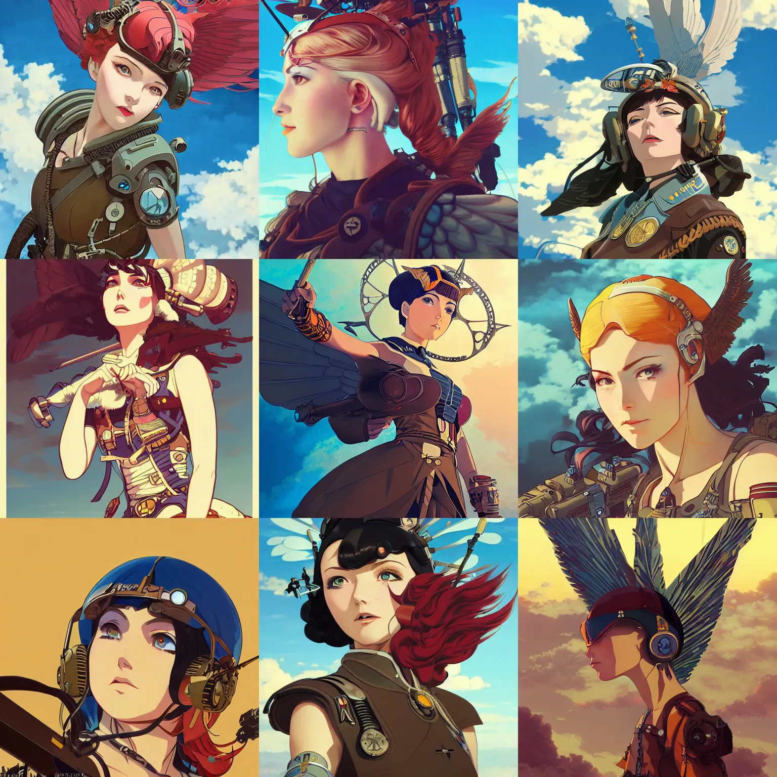 Prompt: portrait of a dieselpunk valkyrie taking flight into a vivid sky, ilya kuvshinov face, highly detailed, cel shading, digital painting, anime key visual, in the style of hayao miyazaki and alphonse mucha