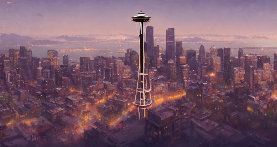 Prompt: wide shot of Seattle, trending on artstation, illustration, cgsociety, 8k, cinematic art by Greg Rutkowski and Thomas Kinkade and William O \'Connor