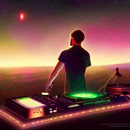 Prompt: A man djing at night under the stars, beautiful, digital art, artstation, hyperrealistic, 4k, unreal engine, octane render, trending on artstation, art by Artgerm and Greg Rutkowski and Alphonse Mucha