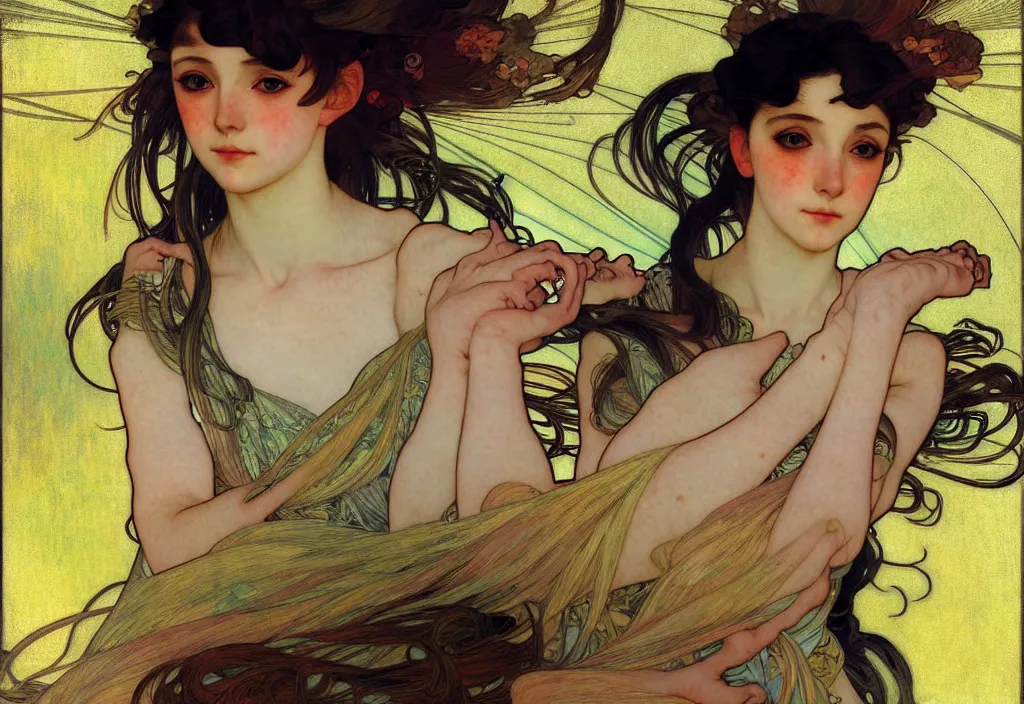 Image similar to anime girl portrait of highly details, solarpunk style,, by egon shiele and alphonse mucha, with influence of jeremy mann, peter lindbergh, dave mckean, maurice sapiro, and frank moth, soft lightning, highly detailed, 8 k