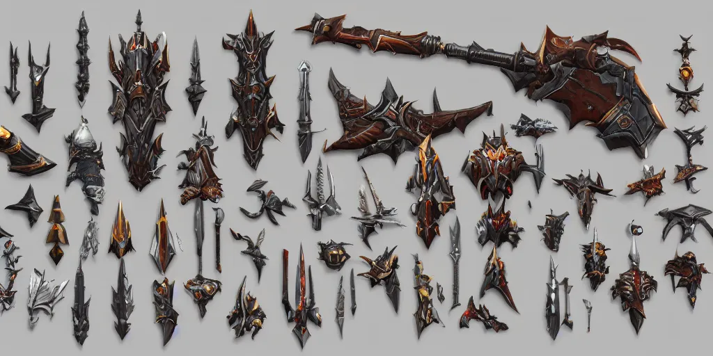 Prompt: fantasy world of warcraft weapons and treasure, hard surface, collection, kitbash, parts, artstation, 8k, Shape and form