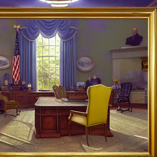 Image similar to spongebob in the oval office as president of the united states, volumetric lighting, 8 k octane beautifully detailed render, post - processing, extremely hyper - detailed, intricate, epic composition, cinematic lighting, masterpiece, trending on artstation, detailed detailed detailed, masterpiece, stunning art by anders zorn, wonderful masterpiece by greg rutkowski, beautiful cinematic light,