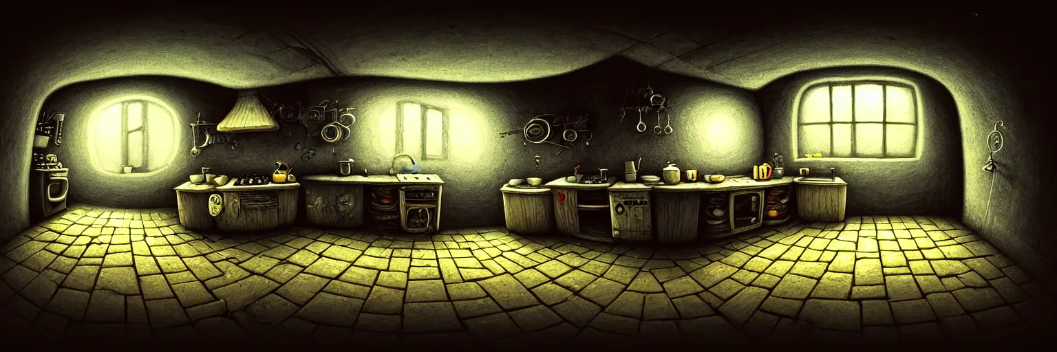 Prompt: macro lens, bokeh, underground basement, dark dark dark walls, fisheye spiral, naive, extra narrow, detailed illustration of a kitchen, large floor, by gediminas pranckevicius, trending artstation, tavern