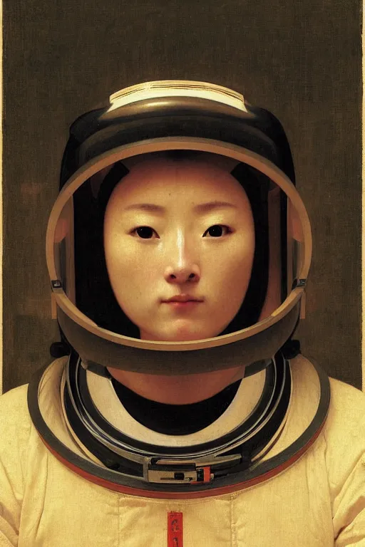 Image similar to portrait of a astronaut in samurai helmets an ancient human species, single person, by bouguereau