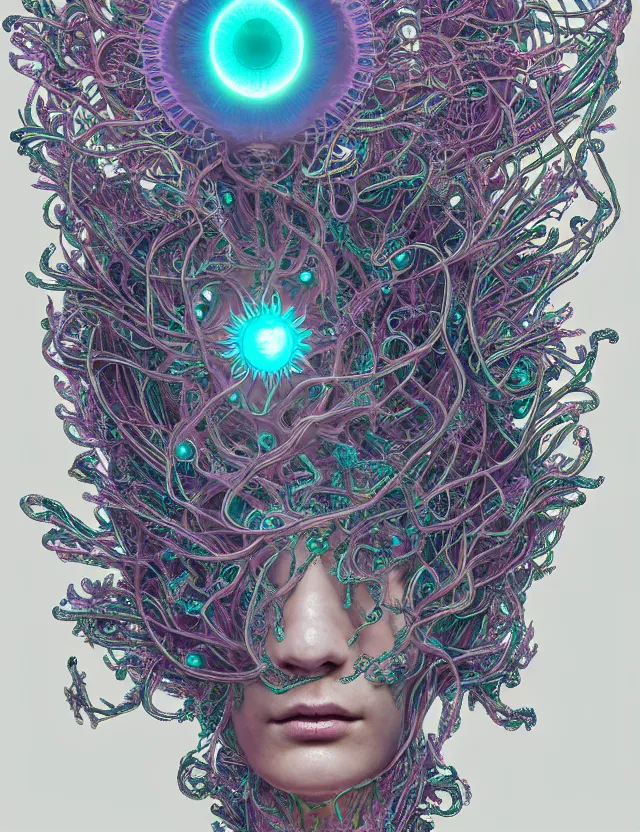 Prompt: symmetrical, centered, goddess close-up portrait wigh crown made of skulls. phoenix betta fish, phoenix, bioluminiscent creature, super intricate ornaments artwork by Tooth Wu and wlop and beeple and Dan Flavin and Daniel Buren and greg rutkowski