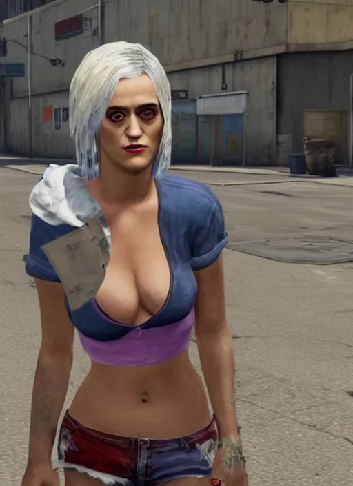 Image similar to Homeless portrait of bruised Katy Perry in scrappy clothing, in GTA V, Stephen Bliss