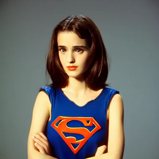 Image similar to Young Winona Ryder as Super Girl, 30mm, studio lighting, photo shoot, movie still