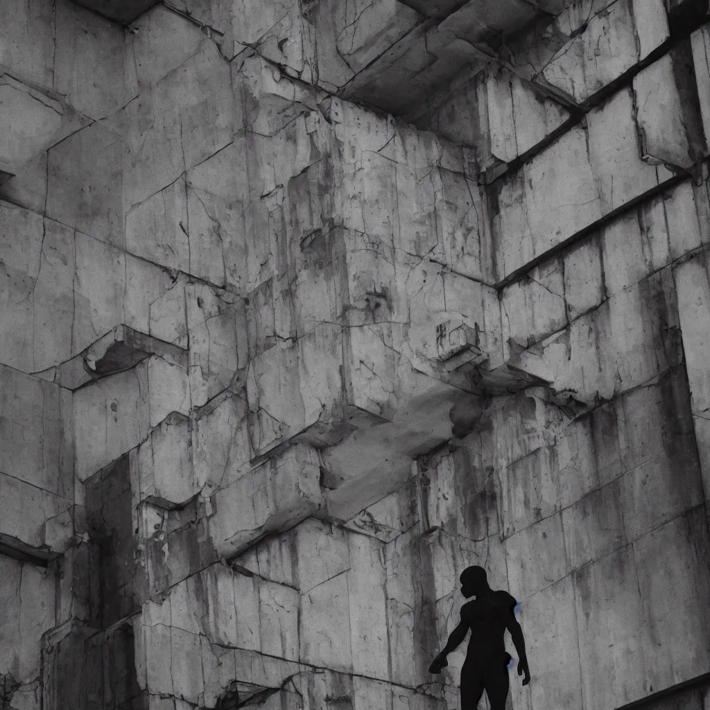 Image similar to black and white security camera image of a black silhouette of a man caught in an abandoned brutalism structure