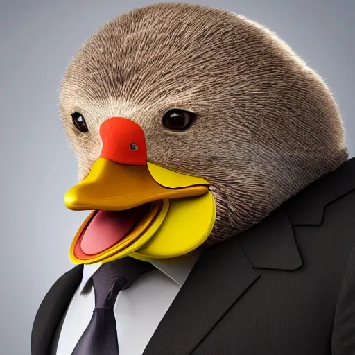 Image similar to a high detail photo of a man with a duck's head wearing a suit, antropomorphic, photorealism