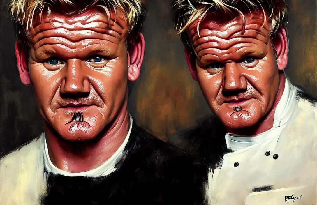 Image similar to portrait of gordon ramsay!!!!!!!!!!!!!!!!!!!!!!!!!!!, detailed face, detailed painting,, epic lighting, by ilya repin, phil hale and kent williams