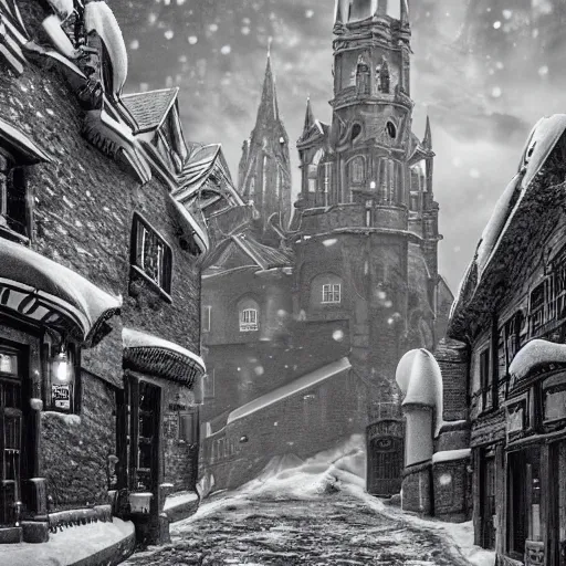 Prompt: an ultra detailed black and white tarot card of the quaint town of galic, grid shaped city cobblestone streets, fantasy city, the morning after a heavy snowfall, wind, inspiring gothic architecture, ultrawide lense, aerial photography, unreal engine, exquisite detail, 8 k, art by greg rutkowski and alphonse mucha