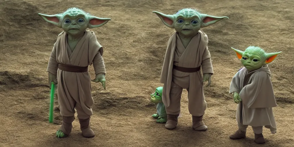 Prompt: Luke Skywalker teaches baby yoda at Jedi Temple scene from the last jedi, 2022, film by Stanley Kubrick, serene, iconic scene, stunning cinematography, hyper detailed, sharp, anamorphic lenses, kodak color film