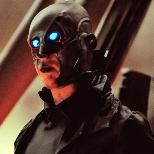 Image similar to movie still of a villain cyborg, facial expression, cinematic composition, cinematic light, by edgar wright and david lynch,