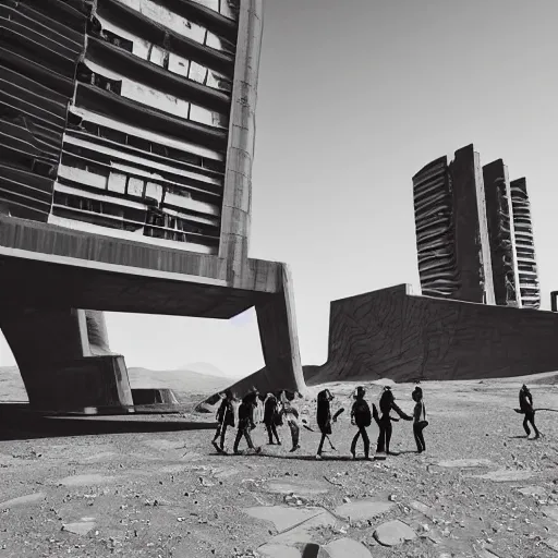 Image similar to year - 2 0 8 0 photo of : a vast retro - futuristic brutalist building on mars, surrounded by citizens in space - suits walking or driving buggies. professional architectural photography.
