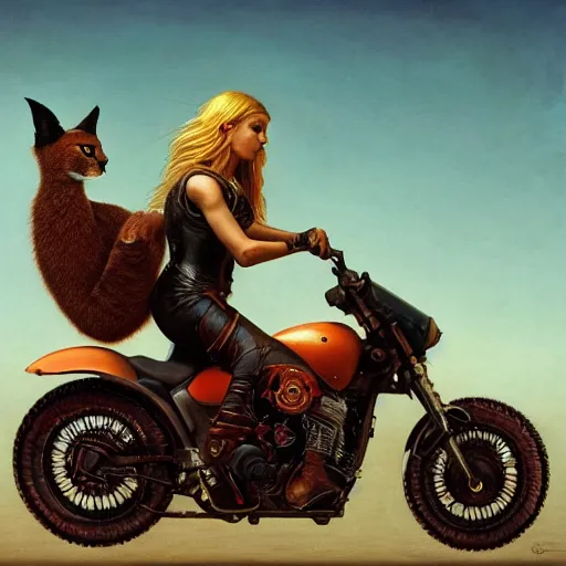 Image similar to a detailed painting of a cute caracal riding a harley davidson motorcycle with a girl. movie scene, cinematic scene, sunset, road. by beksinski and carl spitzweg and tuomas korpi. baroque elements. baroque element. intricate artwork by caravaggio. oil painting. award winning. trending on artstation. 8 k