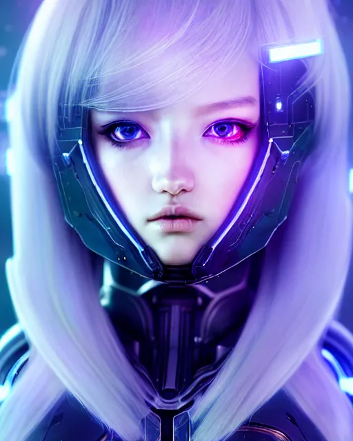 Image similar to perfect android girl family, full body character design, warframe armor, beautiful face, scifi, futuristic, galaxy, nebula, bae suzy, dreamy, long white hair!!!, blue cyborg eyes, sharp focus, cinematic lighting, highly detailed, artstation, divine, by gauthier leblanc, kazuya takahashi, huifeng huang