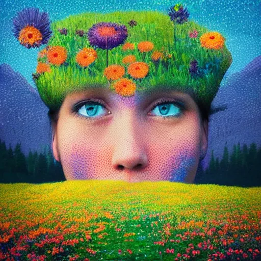 Image similar to girl with a huge flower as a face, surreal photography, dream, standing in flower field, hills, big trees, sunrise dramatic light, impressionist painting, colorful clouds, digital painting, pointillism, artstation, simon stalenhag, flower face