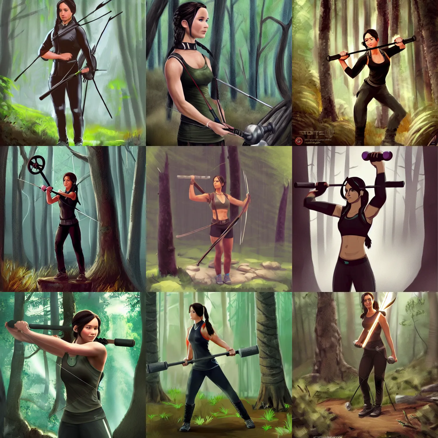Prompt: Katniss Everdeen lifting dumbbells in a forest, concept art, artstation