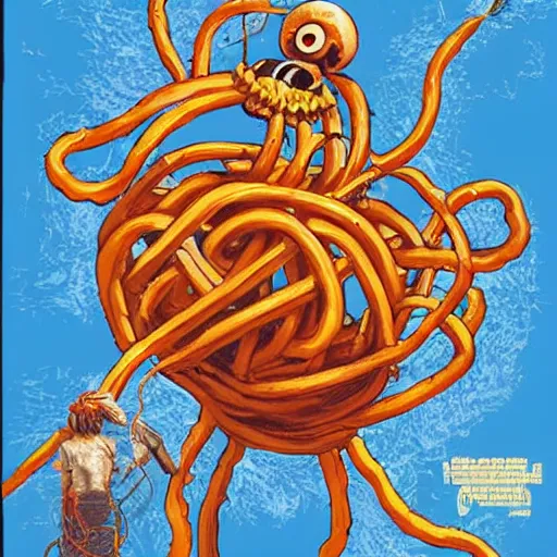 Image similar to attack of the flying spaghetti monster, movie art poster, by gerard brom and ansel adams