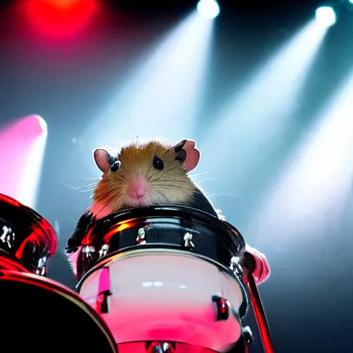 Prompt: a hamster playing drums on a stage in a small club, red and blue stagelights, photorealistic