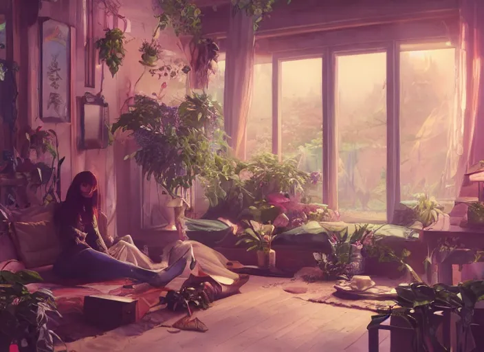 Image similar to inside a living room with flowers, thin contur lines, unreal engine, fantasy art by greg, loish, rhads, ferdinand knab, tom bagshaw, makoto shinkai and lois van baarle, rossdraws, ilya kuvshinov, night lighting, trending on studio ghibli, highly detailed, 8 k, octane render