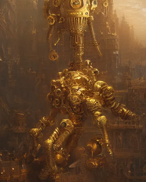 Prompt: oil painting of intricate ornate golden Steampunk Golem, sharp focus, fantasy style, steampunk city background, octane render, volumetric lighting, 8k high definition, by greg rutkowski, highly detailed, trending on art Station, rays of light