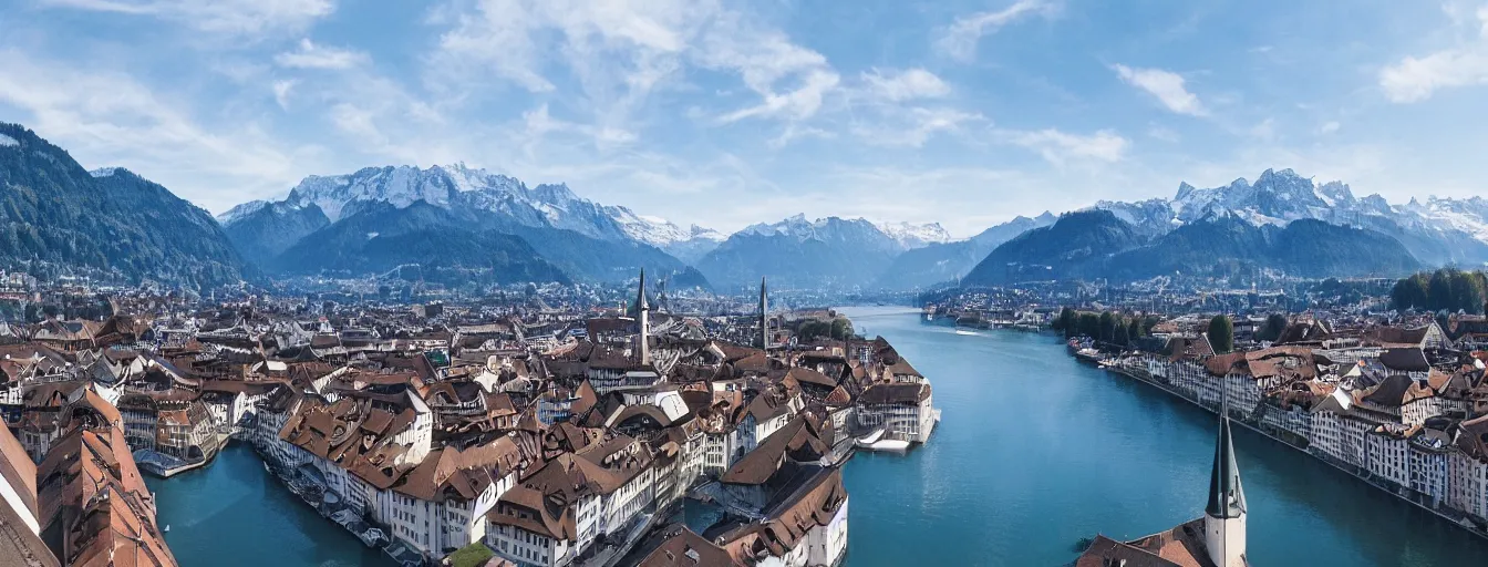 Prompt: Photo of Zurich, looking down the Limmat at the lake and the alps, Hardturm, Grossmünster, wide angle, volumetric light, hyperdetailed, light blue water, artstation, cgsociety, 8k