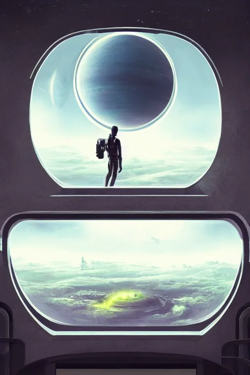 Prompt: Inside a room alien spaceship with large window that provide a scenic view of a huge planet can be seen in the background, Highly detailed labeled, poster, aesthetic, haeccety, trending on artstation, trending on cgsociety