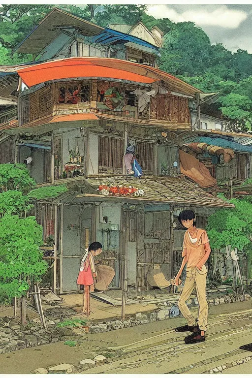 Prompt: beautiful anime illustration of a rural philippines home, by moebius, masamune shirow and katsuhiro otomo