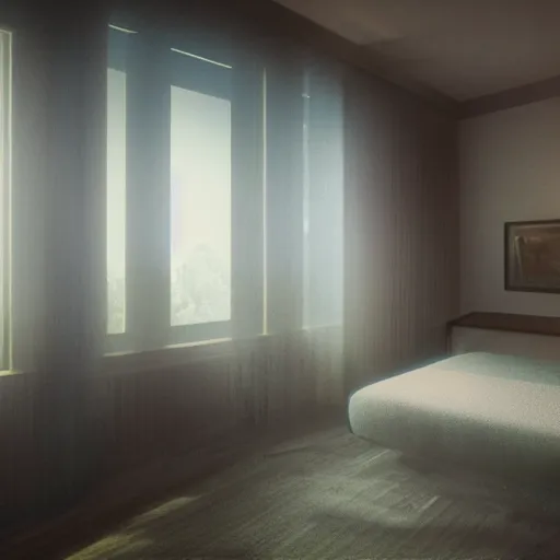 Image similar to hotel room, musty, ambient lighting, light shafts from window blinds, sun ray, dusty, moody, atmospheric, beautiful, abandoned room, motel room, artstation award, detailed