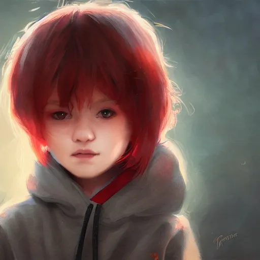 Image similar to a tiny girl with short red hair wearing a hoodie, digital art, cute face, very beautiful face, pretty face, very detailed eyes, full body illustration, 8 k resolution, soft painting, by greg rutkowski, wlop, rossdraws,