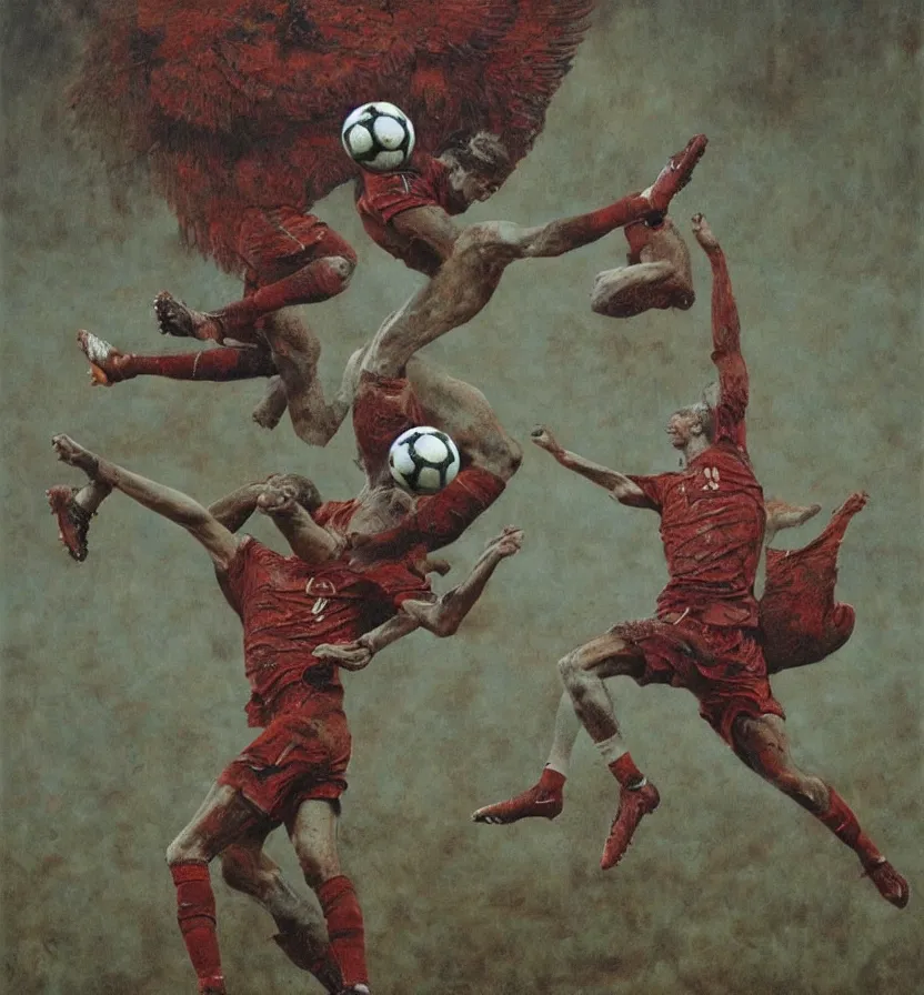 Prompt: cristiano Ronaldo meat limbs tackling an angel with a Nike ball, football beksinski siudmak